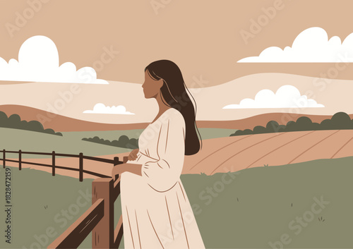 A serene woman gazes at a rural landscape, embodying a slow, contemplative moment. Soft colors and a minimalist style create a calming visual.