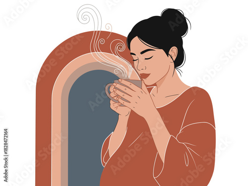 A serene woman enjoys a warm beverage, inhaling deeply. Soft colors and a cozy atmosphere evoke relaxation and mindfulness. ?Sip And Breathe? logo.