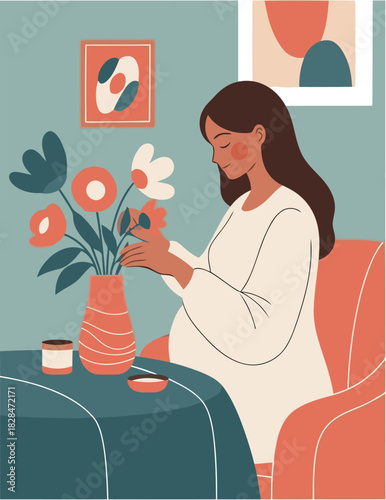 A serene woman lovingly tends to a bouquet, radiating joy. Soft colors and a peaceful setting evoke a sense of calm and preparation. Ideal for wellness and lifestyle themes.