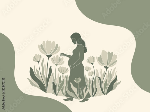 A serene woman gently tending to tulips, embodying grace and growth. Soft, muted tones create a calming, elegant visual. Perfect for wellness, motherhood, or nature themes.
