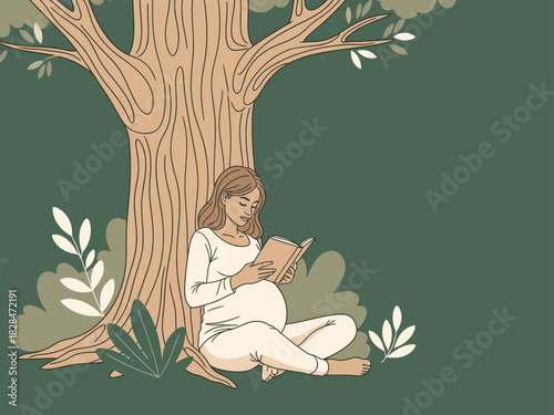 A serene woman relaxes beneath a tree, engrossed in a book. This quiet moment illustration evokes peace and tranquility, perfect for wellness and lifestyle content.