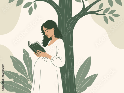 A serene woman reads beneath a tree, enjoying a quiet moment. Soft colors and a peaceful composition evoke tranquility. Ideal for wellness and lifestyle content.