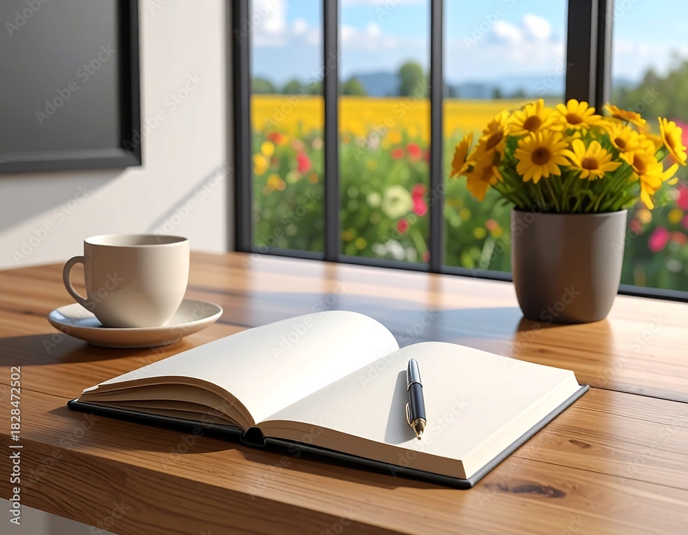 Fototapeta premium Sunny morning scene coffee, journal, flowers, and a beautiful field view