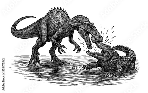 Prehistoric clash: dinosaur and crocodile battle in detailed engraving style