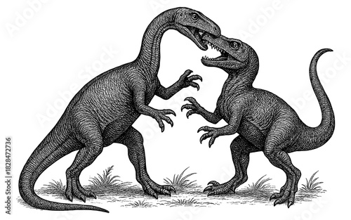 Intricate hand drawn dinosaurs engaging in fierce battle scene with high detail