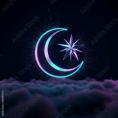 Vibrant neon crescent moon and star shining above mysterious dark clouds