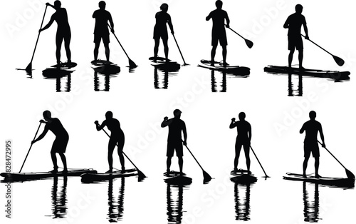 Silhouettes of Paddleboarders Practicing Techniques and Poses on Water with Reflections, Capturing Balance, Movement, and Outdoor Recreation in Action