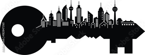 Urban Skyline Key Silhouette Symbolizing City Access, Architecture, Security, and Metaphorical Gateway to Modern Urban Life and Development