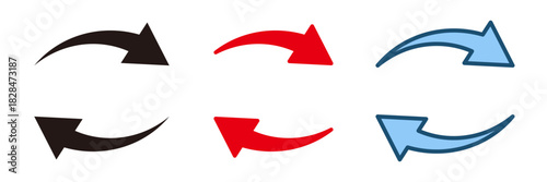 あしらい用の黒・赤・青の右向きと左向きのカーブ矢印（曲線矢印）セット（ノーマル・角丸・アウトライン）ベクターイラスト