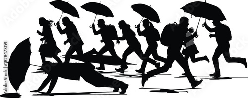 Silhouettes of People Running with Umbrellas in Stormy Weather, Depicting Chaos, Urgency, and Human Struggle Against Nature’s Forces