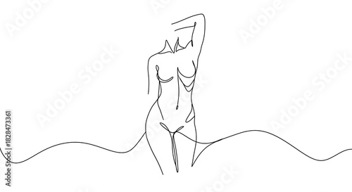 Minimalist single-line body art depicting a graceful female form on a plain white backdrop
