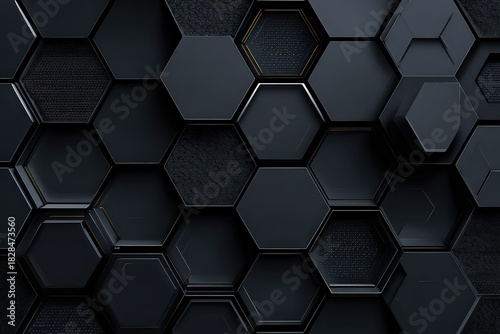 Abstract Dark Hexagonal Background with Golden Accents Elegant Futuristic Design Geometric Pattern with Shimmering Details and Refined Textures