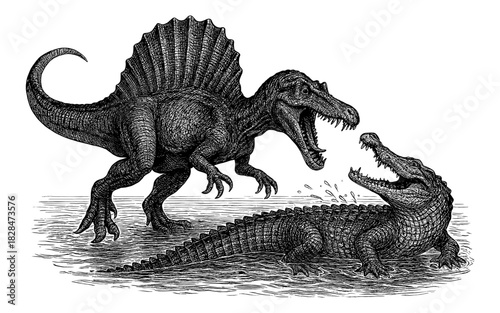 Detailed pen and ink style depiction of spinosaurus confronting crocodile in water setting