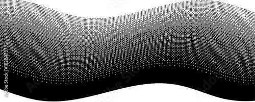 Black and white wavy pattern created by a grid of squares. The density of the squares transitions from sparse to dense, creating a gradient effect that emphasizes the wave-like form.