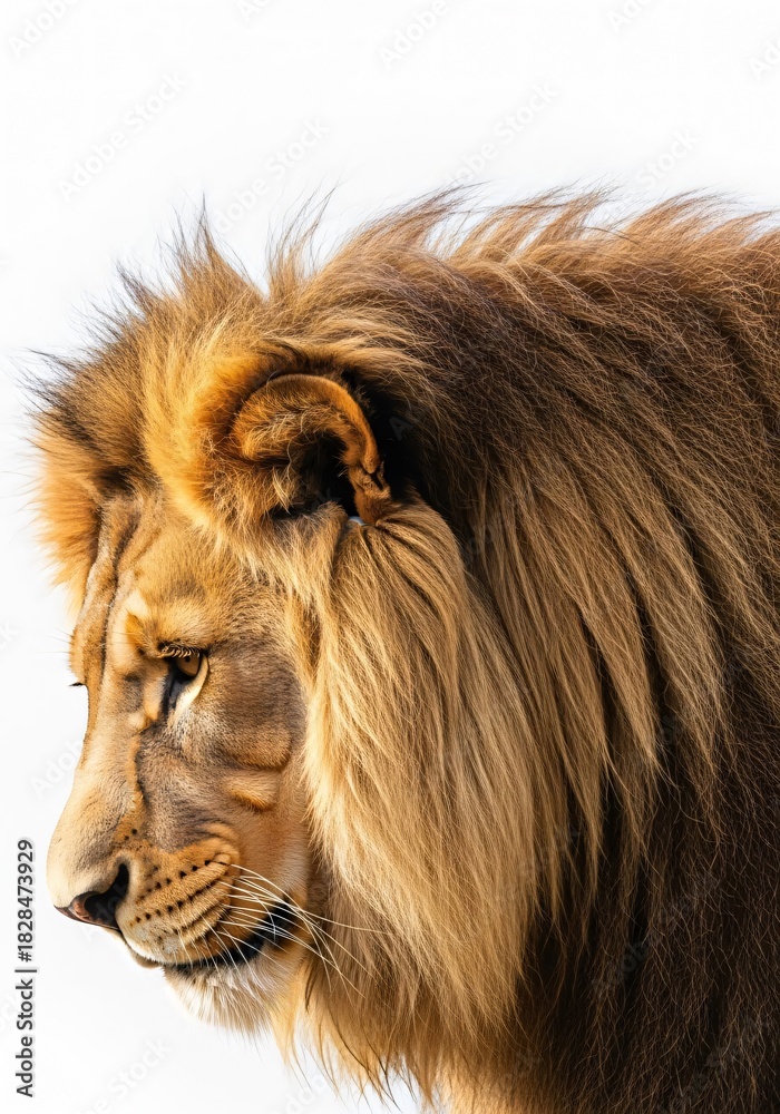 Fototapeta premium Male lion portrait with mane and face isolated on white background