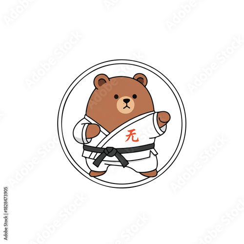 Cute grizzly bear character wearing a traditional white martial arts kimono and belt, presented in a crisp, flat 2D vector illustration style, isolated on a plain white studio background.