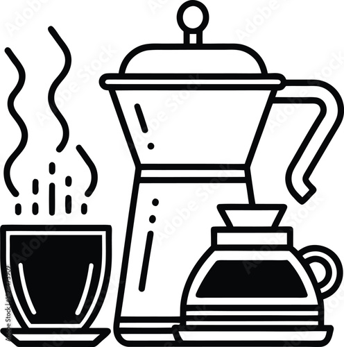 Coffee Maker Cup and Steam Black and White Keywords: coffee, coffee maker, moka pot, espresso
