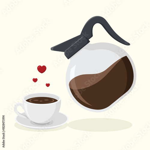 Coffee pot and cup with little hearts vector illustration. Coffee lover.