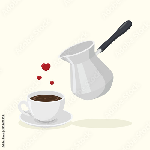 Coffee cup and turk with little hearts vector illustration. Coffee lover.