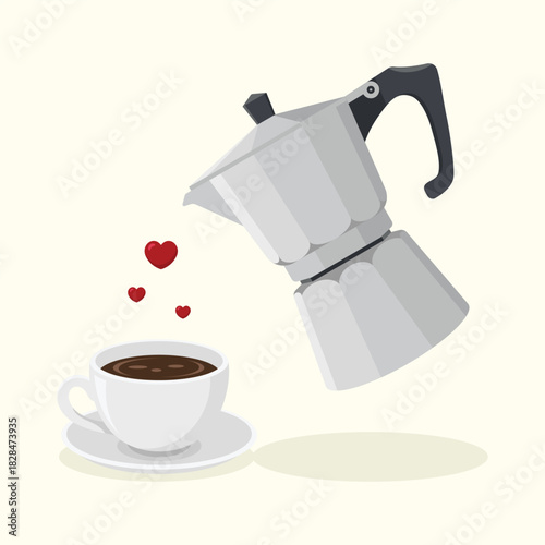Moka pot and coffee cup with little hearts vector illustration. Coffee lover.
