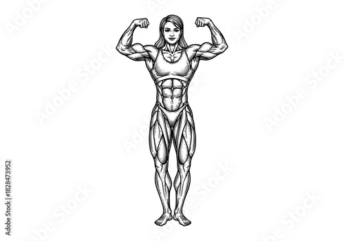Strong female bodybuilder in classic pose: black and white ink art showcasing muscular physique