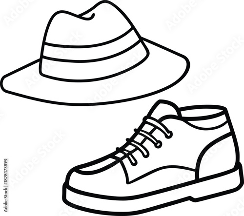 Fedora Hat and Shoe Outline Illustration Keywords: hat, fedora, shoe, footwear, boot, lace up
