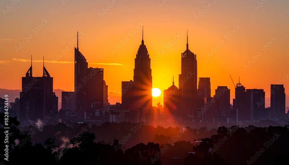 Fototapeta premium City skyline silhouetted by a bright, vibrant sunrise with orange hues