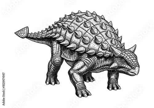 Detailed ink drawing of armored dinosaur