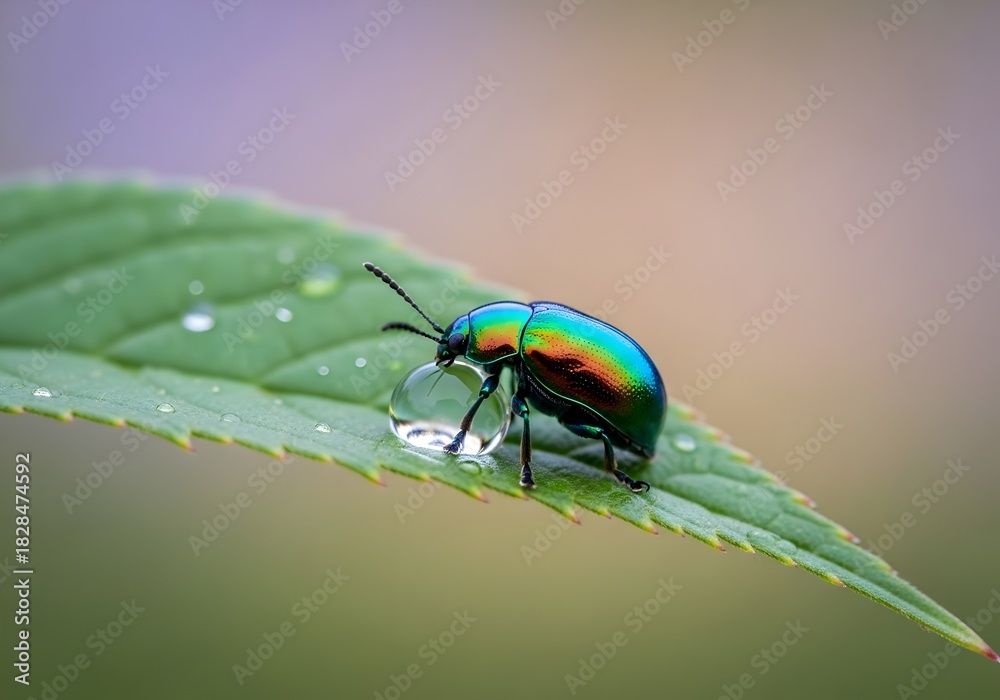 Fototapeta premium Iridescent Beetle on Leaf with Water Droplet Close Up Macro Shot Capturing Natures Beauty and Intricate Details Showing the Small Wonders of Wildlife