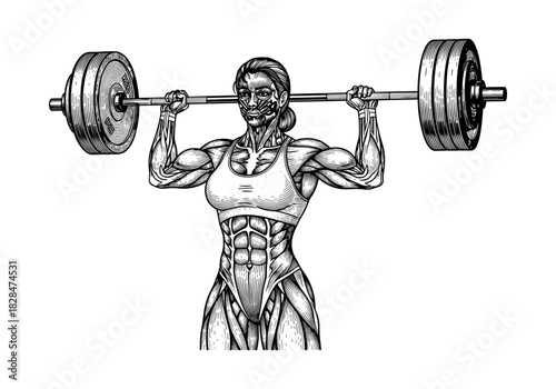 Intricate line art of muscular woman lifting barbell in black and white