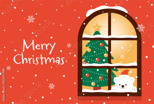 Christmas vector background with Christmas tree and polar bear looking at falling snow by the window