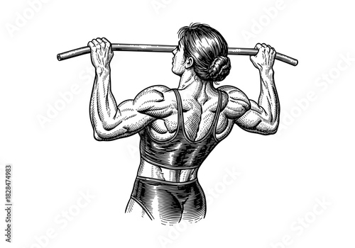 Detailed sketch of woman performing pull up exercise in gym environment