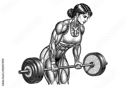 Strong woman lifting weights - detailed muscle focused art
