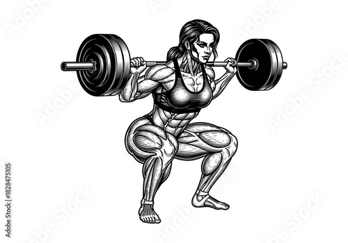 Powerful female weightlifter squatting with barbell in dynamic black and white line art