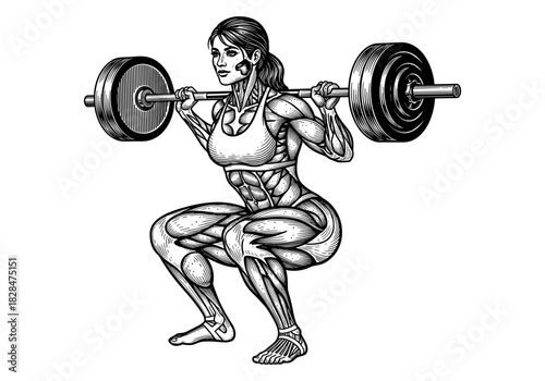 Muscular woman performing squat exercise in detailed black and white engraving style