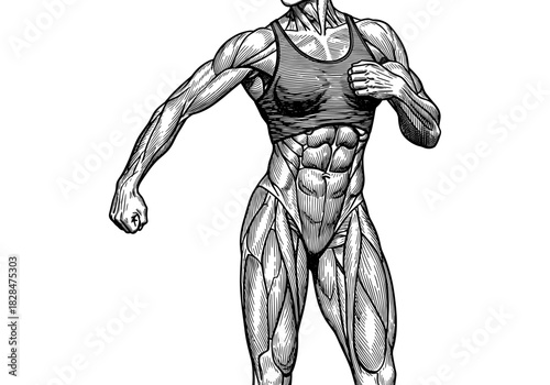 Detailed anatomical drawing of muscular human figure in engraved style