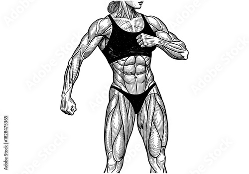 Detailed anatomical muscle structure of female body in engraving style
