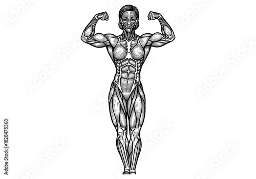 Detailed lined anatomy of muscular woman bodybuilder flexing in symmetrical pose