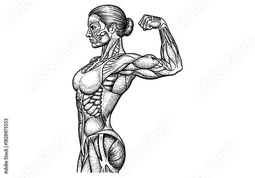 Detailed anatomical sketch of muscular woman flexing arm with engraved style
