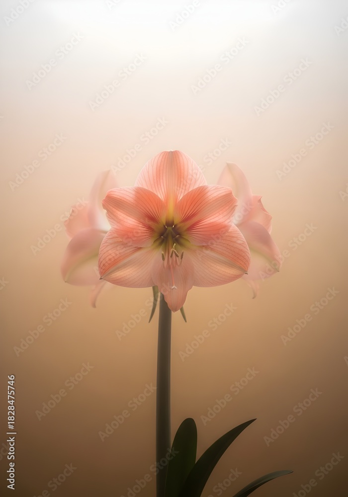 Obraz premium Elegant Amaryllis Flower in Soft Light A Delicate Bloom of Pink and White for Floral Art and Botanical Beauty and serene ambiance perfect for home decor