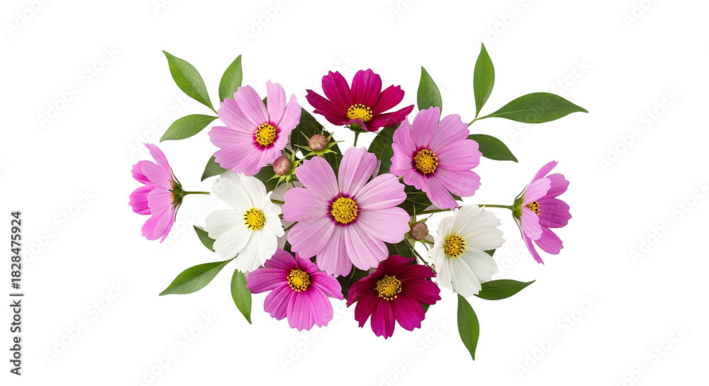 Fototapeta premium Vibrant bouquet of cosmos flowers in various shades of pink and white against a black background