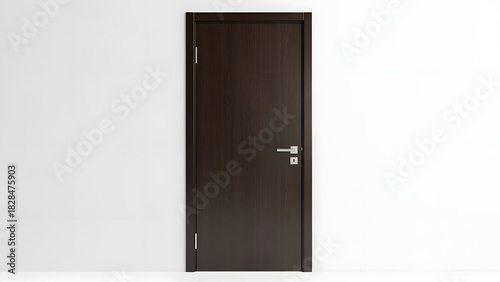 A closed dark brown wooden door with a silver handle against a plain white wall