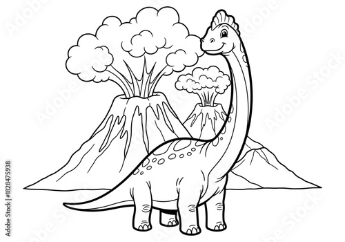 Smiling dinosaur in front of volcanic landscape for kids coloring