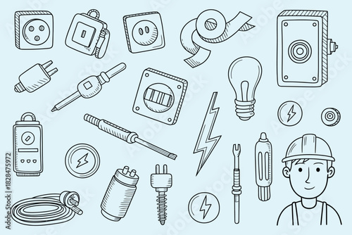hand drawn electrical tools and components for diy projects and safety, including screwdrivers, pliers, wires, switches, and protective equipment, perfect for home improvement, engineering.