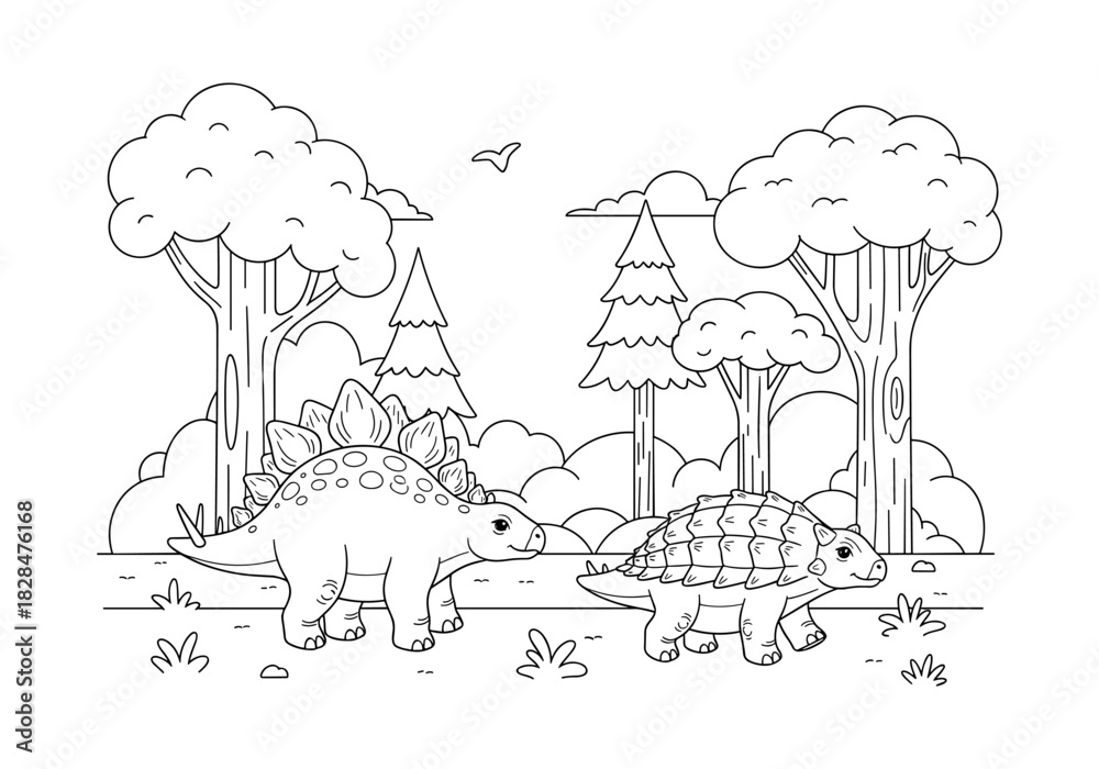 Fototapeta premium Dinosaurs in forest landscape with stegosaurus and ankylosaurus line art