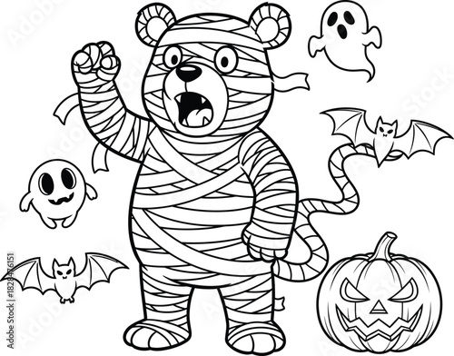 Halloween coloring page mummy bear ghosts bats pumpkin vector drawing eps silhouette