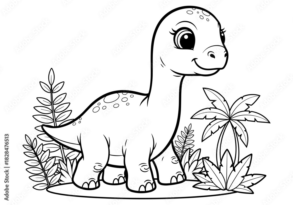 Fototapeta premium Cute dinosaur cartoon with leaves for kids coloring book page