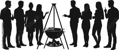 Tripod grill gathering silhouette—black vector of eight people socializing around suspended barbecue fire pit