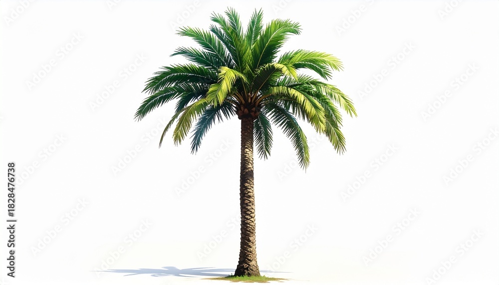 Obraz premium Single palm tree with textured trunk and lush green fronds—standing tall against plain white background, symbolizing tropical solitude, clarity, and the sculptural elegance of natural form.
