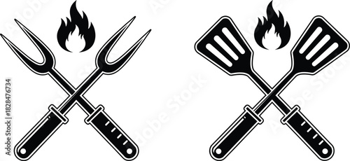 Crossed BBQ utensils with flame—black silhouette vector of meat forks and spatulas with fire symbol